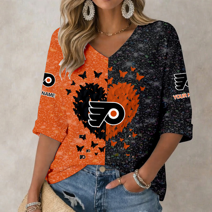 LIMITED EDITION - NEW CUSTOMIZED NHL27 PPF PHILADELPHIA FLYERS WOMEN'S HEART V-NECK LONG SLEEVE SHIRT
