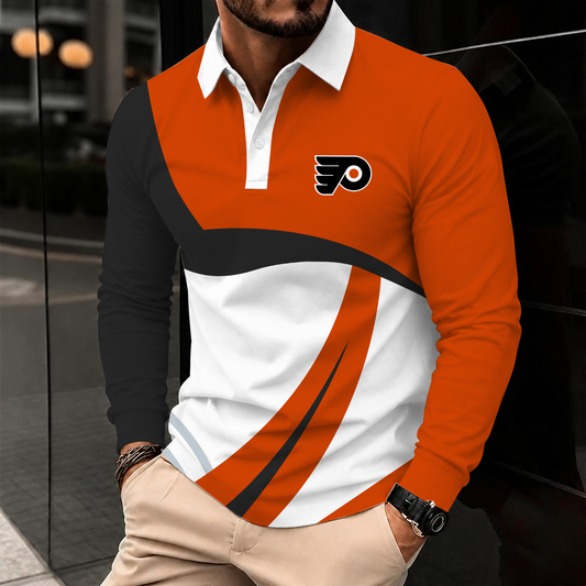 [SUPER SALE] NEW CUSTOMIZED NHL27 PPF PHILADELPHIA FLYERS MEN LONG SLEEVE POLO