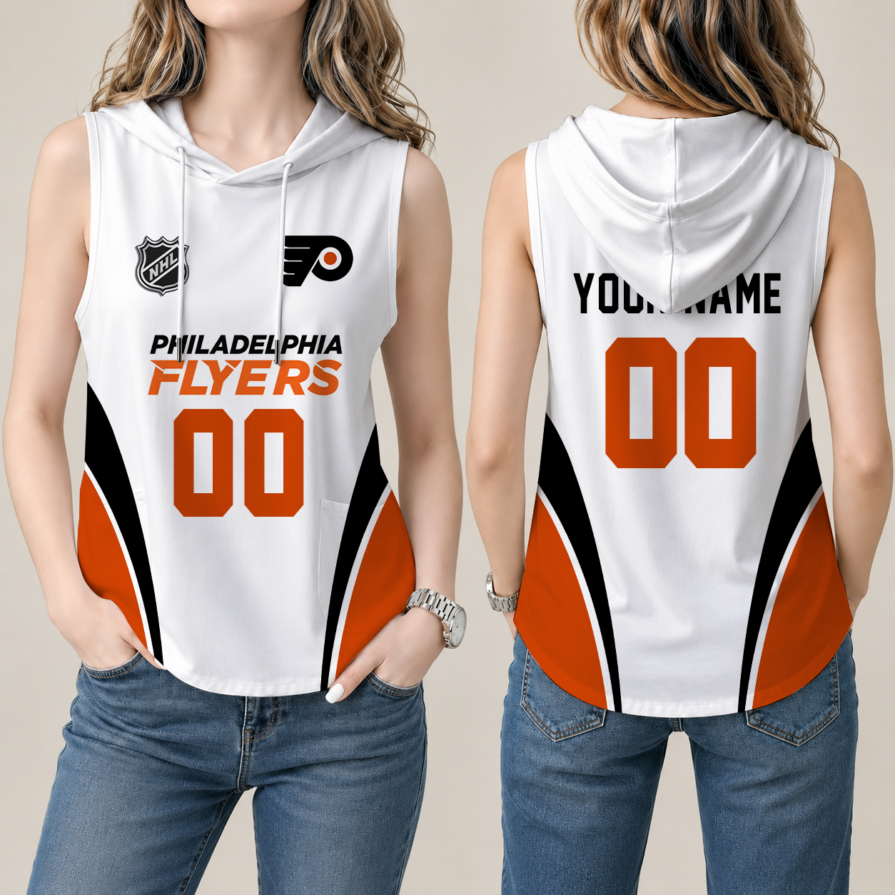 [SUPER SALE] NEW CUSTOMIZED NHL27 PPF PHILADELPHIA FLYERS WOMEN'S SLEEVELESS HOODED POCKET TANK TOP