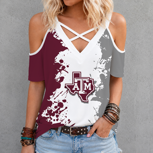 [FAN FAVORITE] NEW CUSTOMIZED NCAA CWS27 TAA TEXAS A&M AGGIES CRISS CROSS V-NECK TOP