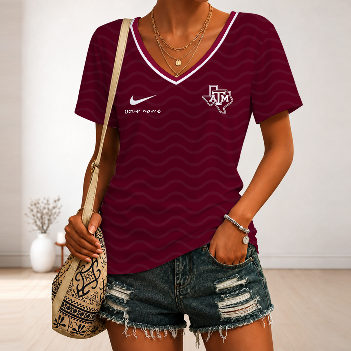 [FAN FAVORITE] NEW CUSTOMIZED NCAA CWS27 TAA TEXAS A&M AGGIES V-NECK FEMALE SHIRT