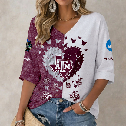LIMITED EDITION - NEW CUSTOMIZED NCAA CWS27 TAA TEXAS A&M AGGIES WOMEN'S HEART V-NECK LONG SLEEVE SHIRT
