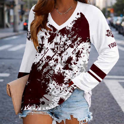 [FAN FAVORITE] NEW CUSTOMIZED NCAA CWS27 TAA TEXAS A&M AGGIES WOMEN'S V-NECK LONG SLEEVED SHIRT