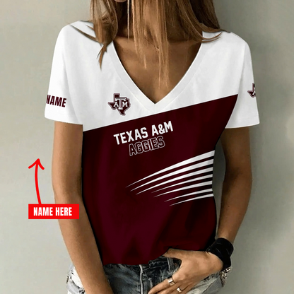 [FAN FAVORITE] NEW CUSTOMIZED NCAA CWS27 TAA TEXAS A&M AGGIES V-NECK FEMALE SHIRT