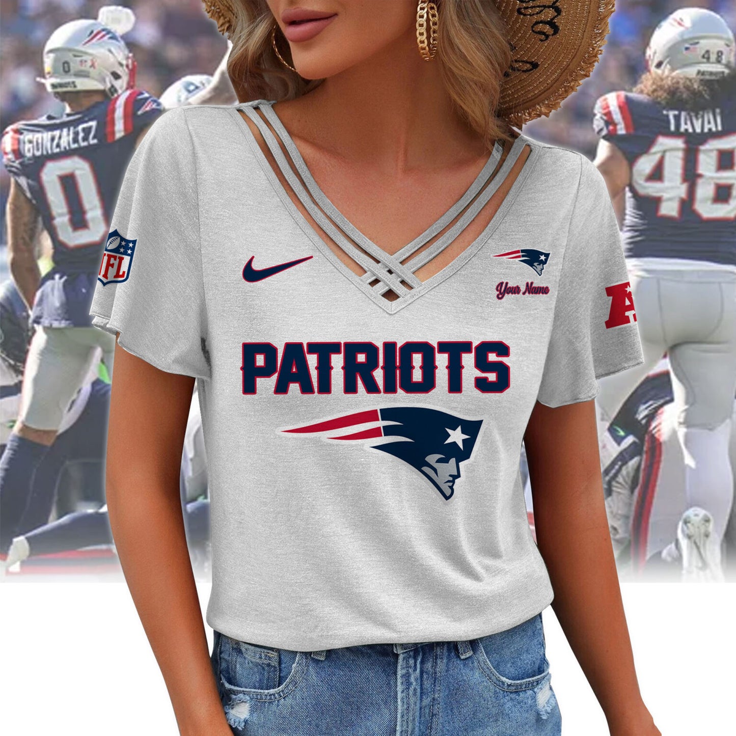 [SPECIAL OFFER] NEW CUSTOMIZED NFL27 NEP NEW ENGLAND PATRIOTS V-NECK SHIRT