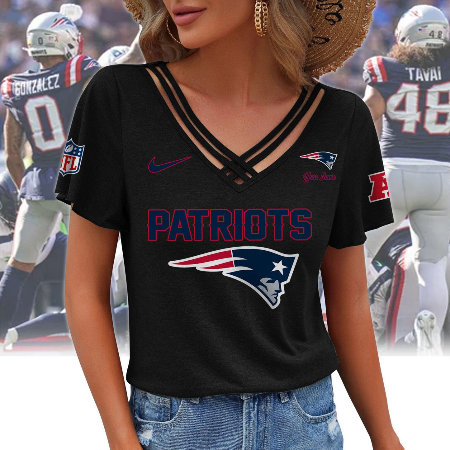 [SPECIAL OFFER] NEW CUSTOMIZED NFL27 NEP NEW ENGLAND PATRIOTS V-NECK SHIRT