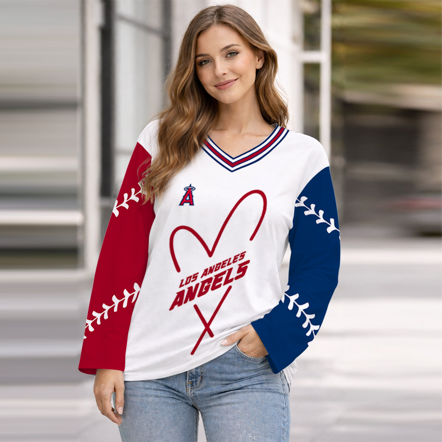 LIMITED EDITION - NEW CUSTOMIZED MLB27 LAA LOS ANGELES ANGELS WOMEN'S HEART V-NECK LONG SLEEVE SHIRT