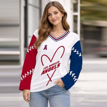 LIMITED EDITION - NEW CUSTOMIZED MLB27 LAA LOS ANGELES ANGELS WOMEN'S HEART V-NECK LONG SLEEVE SHIRT