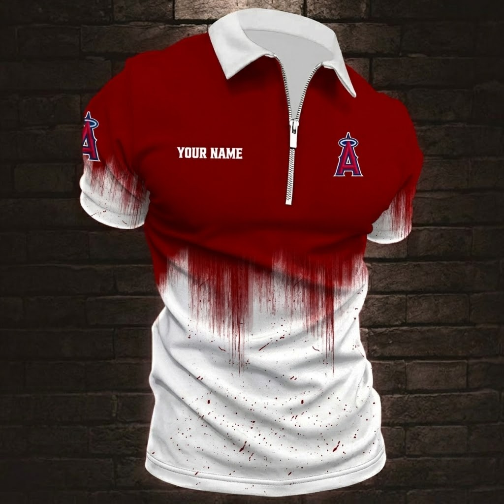[FLASH SALE] NEW CUSTOMIZED MLB27 LAA LOS ANGELES ANGELS ZIP POLO SHIRT