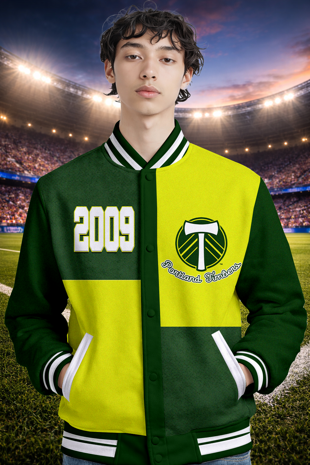 LIMITED EDITION - NEW CUSTOMIZED MLS27 PLT PL TIMBERS SATIN VARSITY & BASEBALL JACKET