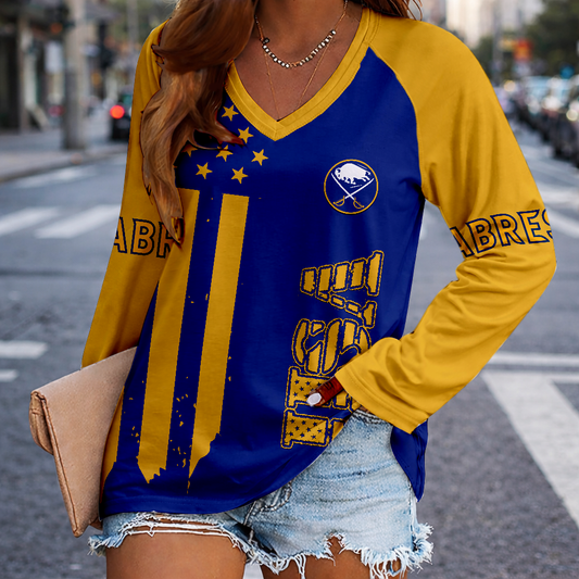 LIMITED EDITION - NEW CUSTOMIZED NHL28 BFS BUFFALO SABRES WOMEN'S V-NECK LONG SLEEVED SHIRT