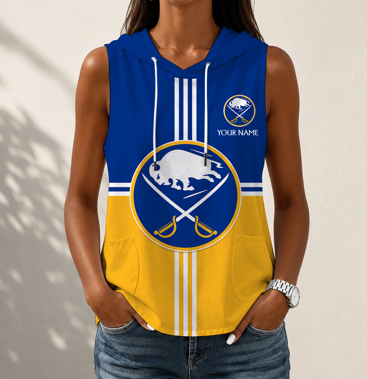 VIRAL EDITION - NEW CUSTOMIZED NHL28 BFS BUFFALO SABRES WOMEN'S SLEEVELESS HOODED POCKET TANK TOP