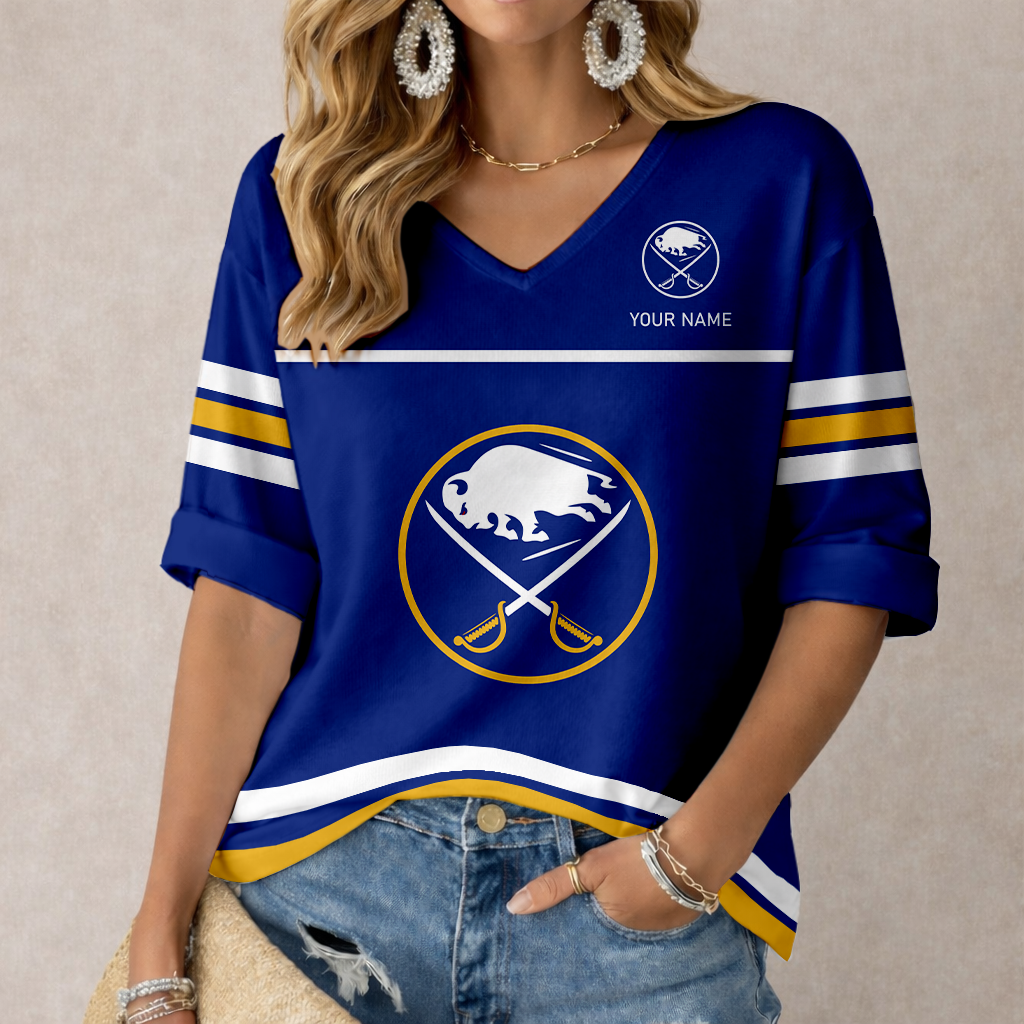 LIMITED EDITION - NEW CUSTOMIZED NHL28 BFS BUFFALO SABRES WOMEN'S HEART V-NECK LONG SLEEVE SHIRT