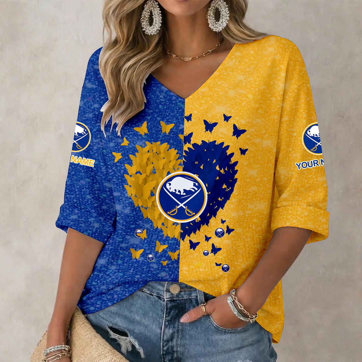 LIMITED EDITION - NEW CUSTOMIZED NHL28 BFS BUFFALO SABRES WOMEN'S HEART V-NECK LONG SLEEVE SHIRT