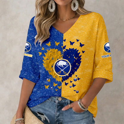 LIMITED EDITION - NEW CUSTOMIZED NHL28 BFS BUFFALO SABRES WOMEN'S HEART V-NECK LONG SLEEVE SHIRT