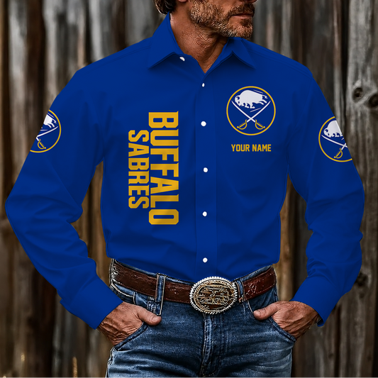 LIMITED EDITION - NEW CUSTOMIZED NHL28 BFS BUFFALO SABRES MEN'S LONG SLEEVE BUTTON-UP SHIRT