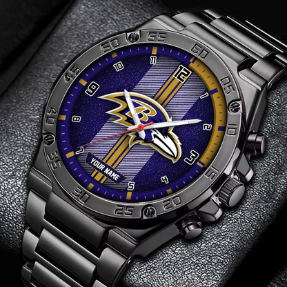 LIMITED EDITION - NEW CUSTOMIZED NFL28 BTR BALTIMORE RAVENS LUXURY STAINLESS STEEL WATCH
