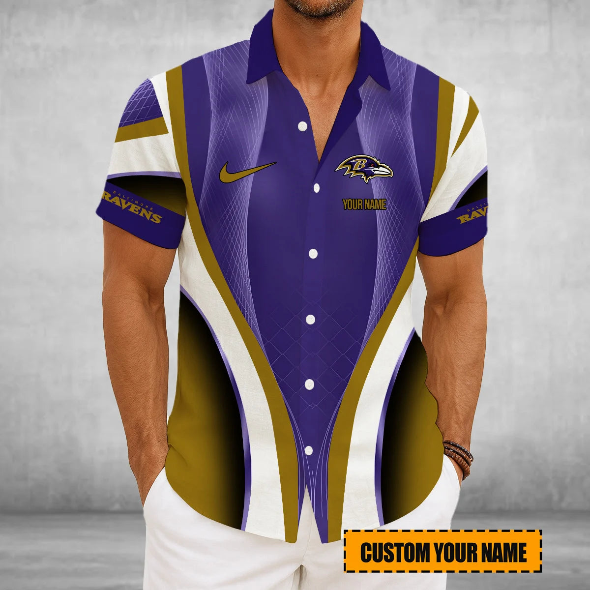LIMITED EDITION - NEW CUSTOMIZED NFL28 BTR BALTIMORE RAVENS SHORT SLEEVE BUTTON-UP SHIRT