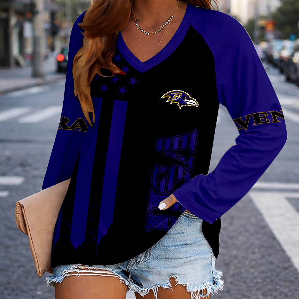 LIMITED EDITION - NEW CUSTOMIZED NFL28 BTR BALTIMORE RAVENS WOMEN'S V-NECK LONG SLEEVED SHIRT