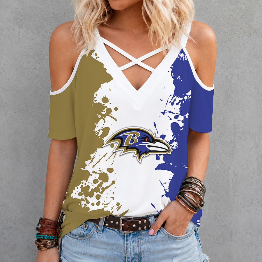 [SPECIAL OFFER] NEW CUSTOMIZED NFL28 BTR BALTIMORE RAVENS CRISS CROSS V-NECK TOP