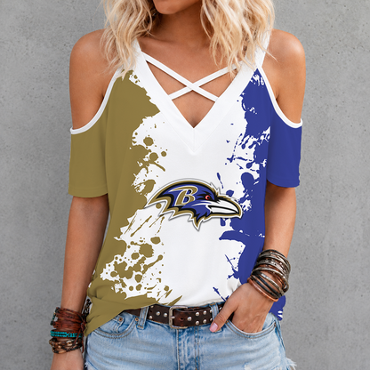 [SPECIAL OFFER] NEW CUSTOMIZED NFL28 BTR BALTIMORE RAVENS CRISS CROSS V-NECK TOP