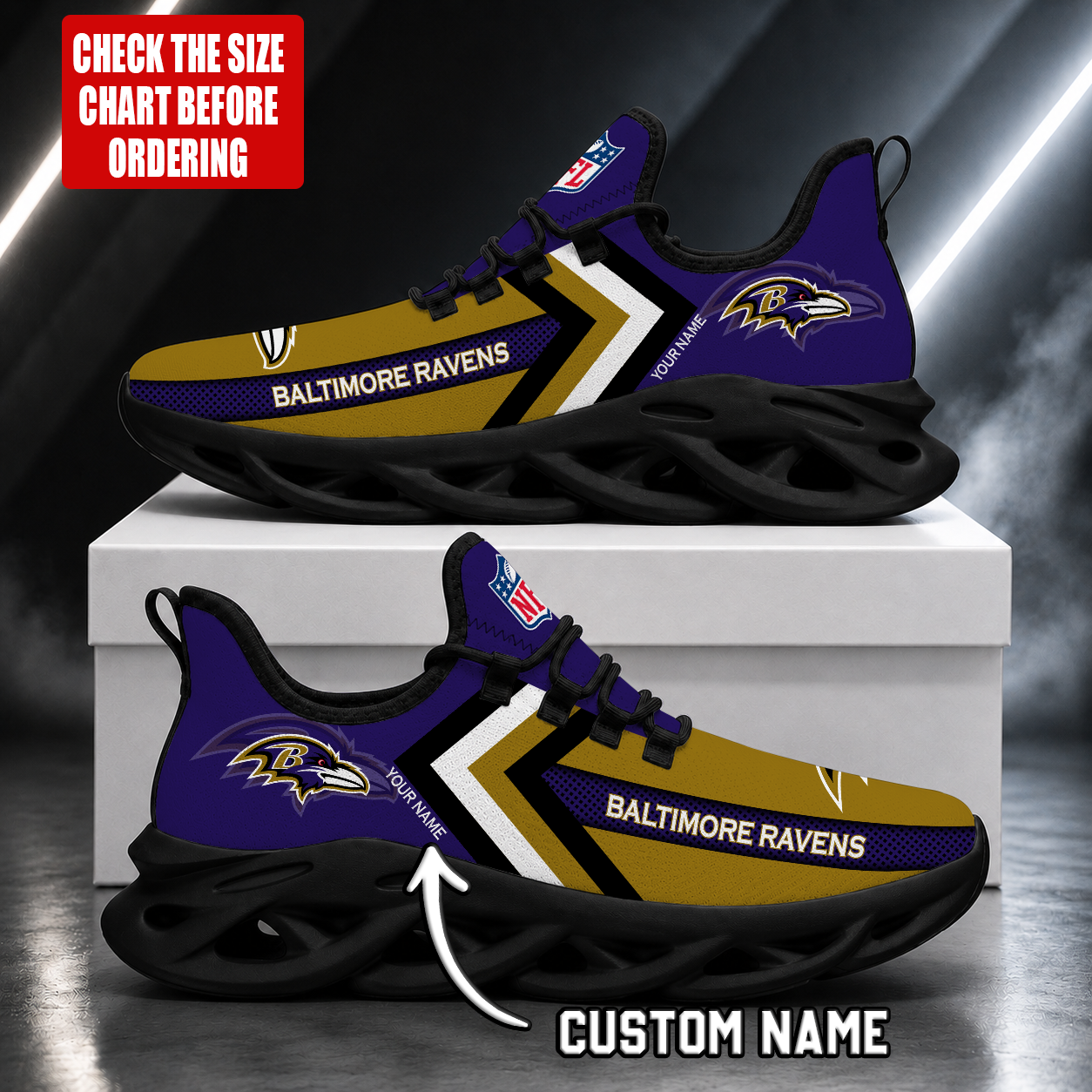 LIMITED EDITION - NEW CUSTOMIZED NFL28 BTR BALTIMORE RAVENS UNISEX MAX SOUL SHOES
