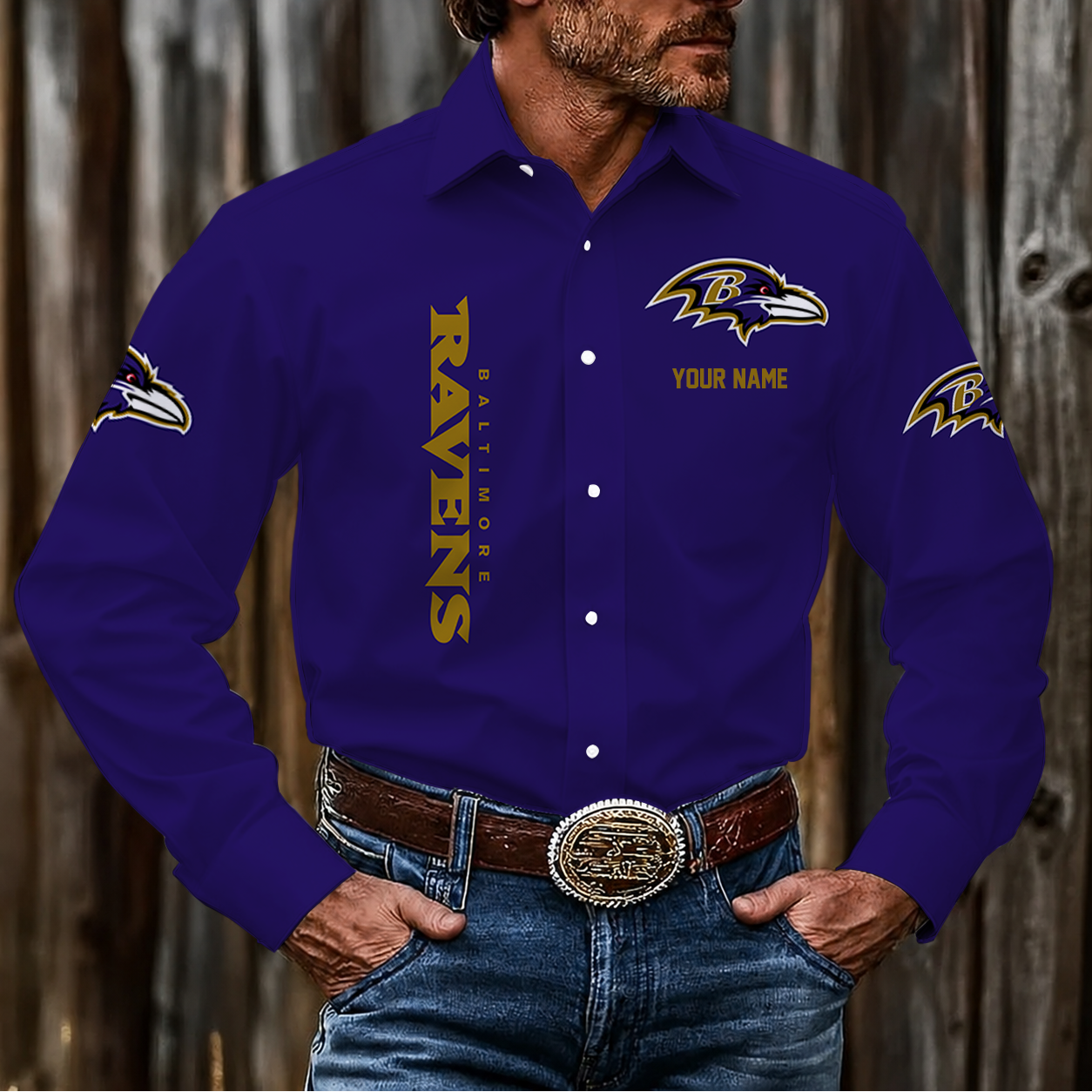 LIMITED EDITION - NEW CUSTOMIZED NFL28 BTR BALTIMORE RAVENS MEN'S LONG SLEEVE BUTTON-UP SHIRT