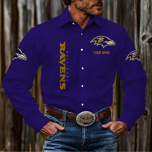 LIMITED EDITION - NEW CUSTOMIZED NFL28 BTR BALTIMORE RAVENS MEN'S LONG SLEEVE BUTTON-UP SHIRT
