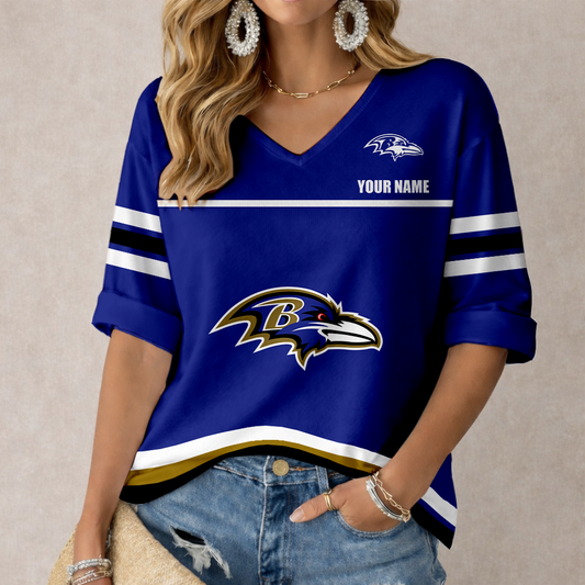 LIMITED EDITION - NEW CUSTOMIZED NFL28 BTR BALTIMORE RAVENS WOMEN'S V-NECK MID-SLEEVE SHIRT