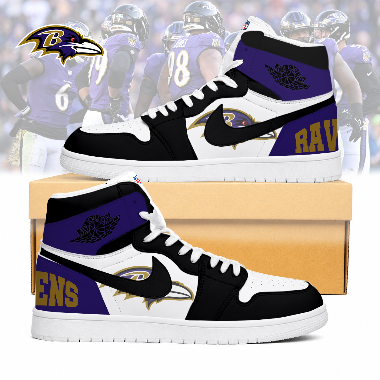LIMITED EDITION - NEW CUSTOMIZED NFL28 BTR BALTIMORE RAVENS AIR JORDAN SNEAKERS