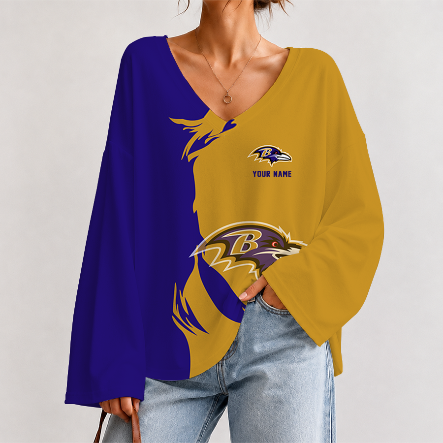 [SPECIAL OFFER] NEW CUSTOMIZED NFL28 BTR BALTIMORE RAVENS V NECK LONG SLEEVED CROP TOP
