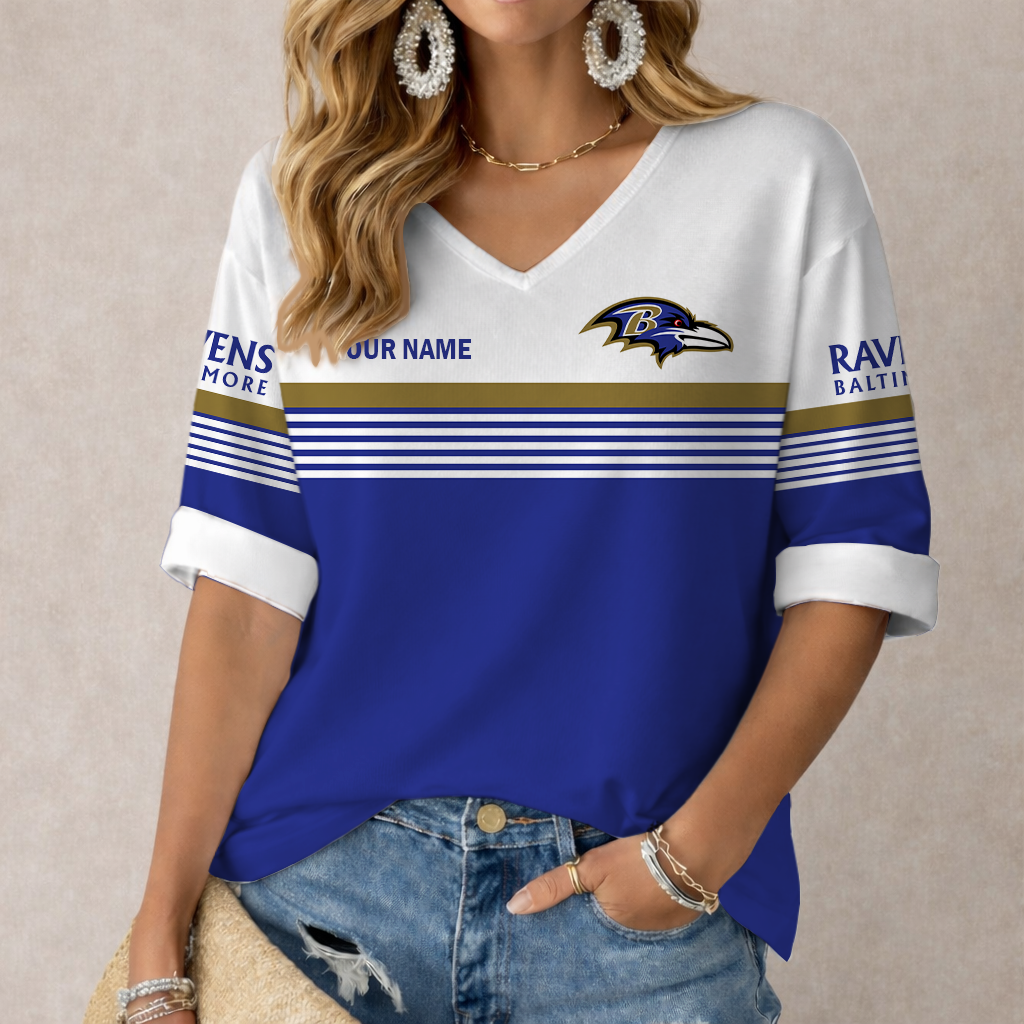 VIRAL EDITION - NEW CUSTOMIZED NFL28 BTR BALTIMORE RAVENS WOMEN'S HEART V-NECK LONG SLEEVE SHIRT