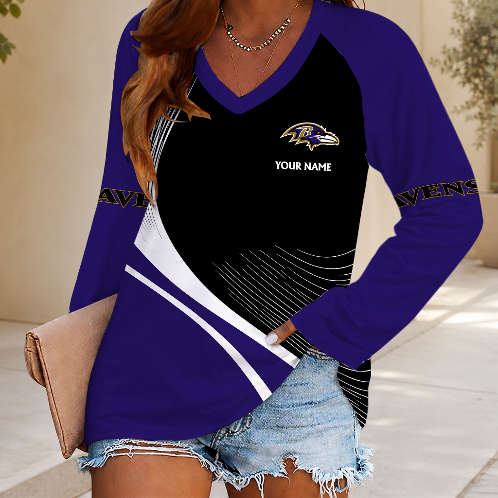 LIMITED EDITION - NEW CUSTOMIZED NFL28 BTR BALTIMORE RAVENS WOMEN'S V-NECK LONG SLEEVED SHIRT