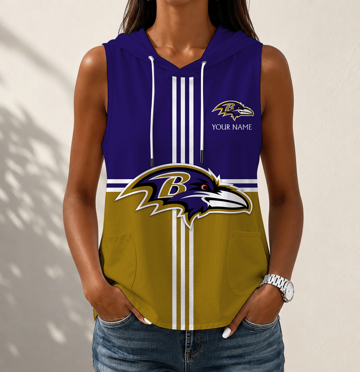 LIMITED EDITION - NEW CUSTOMIZED NFL28 BTR BALTIMORE RAVENS WOMEN'S SLEEVELESS HOODED POCKET TANK TOP