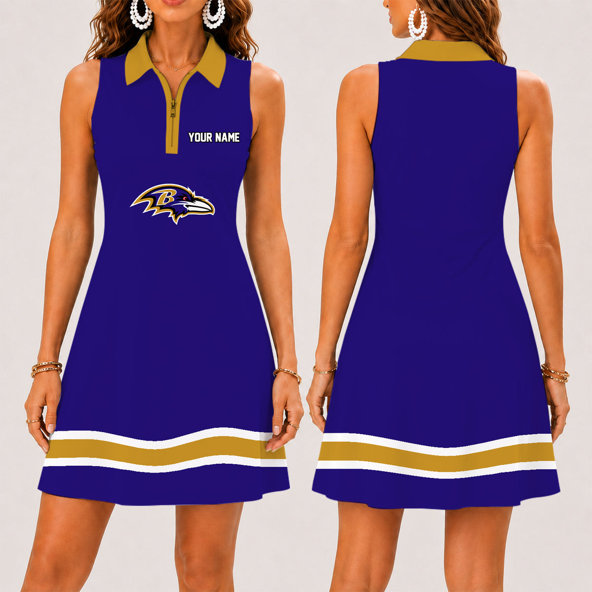 [SPECIAL OFFER] NEW CUSTOMIZED NFL28 BTR BALTIMORE RAVENS WOMEN'S ZIP SLEEVELESS POLO DRESS