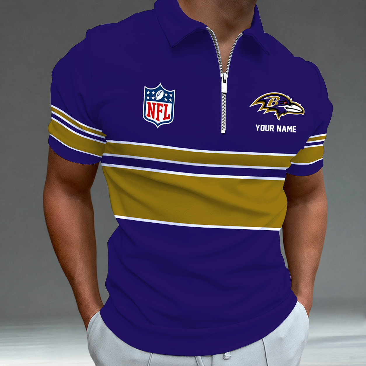 [SPECIAL OFFER] NEW CUSTOMIZED NFL28 BTR BALTIMORE RAVENS ZIP POLO SHIRT
