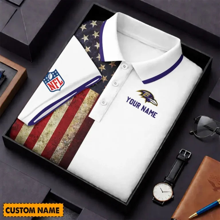 [SPECIAL OFFER] NEW CUSTOMIZED NFL28 BTR BALTIMORE RAVENS US FLAG POLO SHIRT