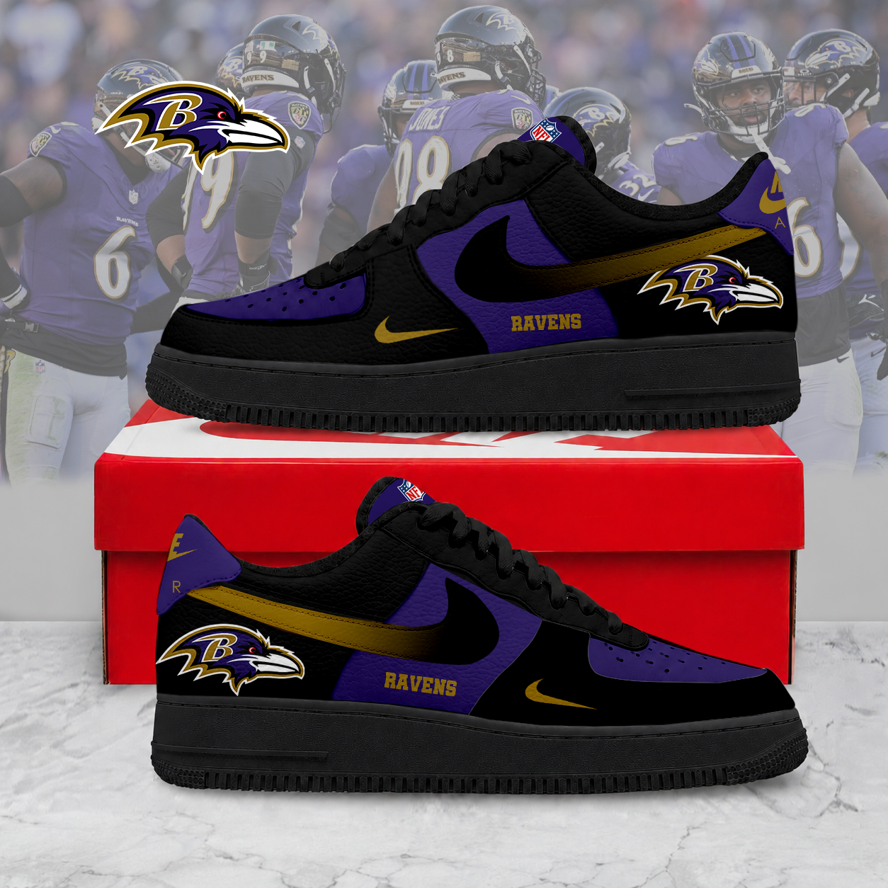 ELITE EDITION - NEW CUSTOMIZED NFL28 BTR BALTIMORE RAVENS AF1 SNEAKERS