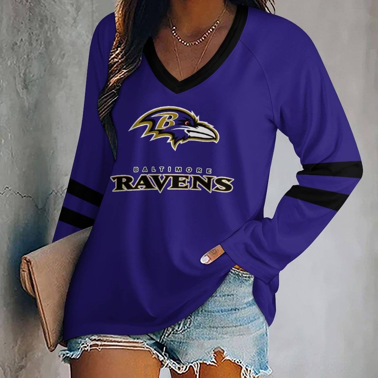 LIMITED EDITION - NEW CUSTOMIZED NFL28 BTR BALTIMORE RAVENS WOMEN'S V-NECK LONG SLEEVED SHIRT