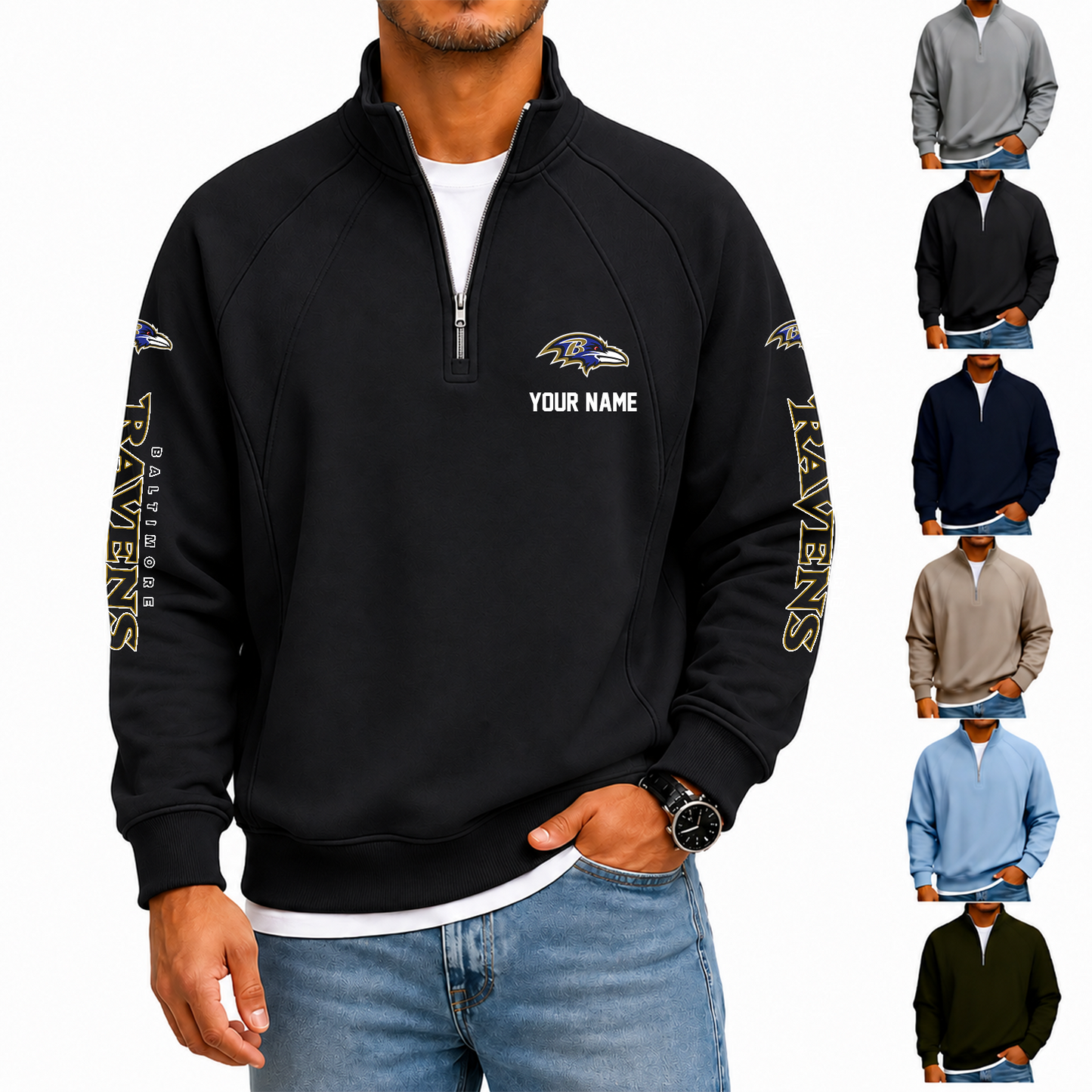 [SPECIAL OFFER] NEW CUSTOMIZED NFL28 BTR BALTIMORE RAVENS MEN'S QUARTER ZIP PULLOVER