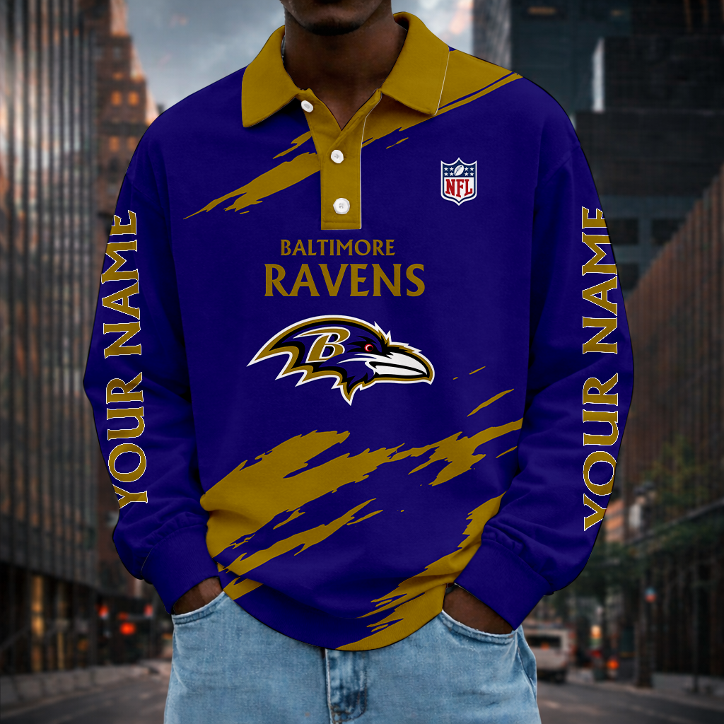 LIMITED EDITION - NEW CUSTOMIZED NFL28 BTR BALTIMORE RAVENS MEN LONG SLEEVE POLO