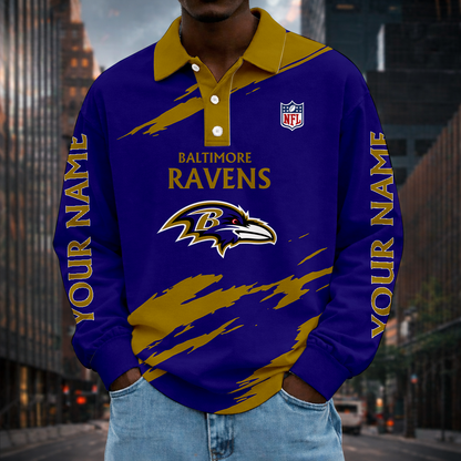 LIMITED EDITION - NEW CUSTOMIZED NFL28 BTR BALTIMORE RAVENS MEN LONG SLEEVE POLO