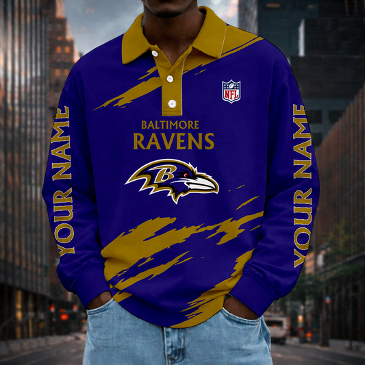 LIMITED EDITION - NEW CUSTOMIZED NFL28 BTR BALTIMORE RAVENS MEN LONG SLEEVE POLO