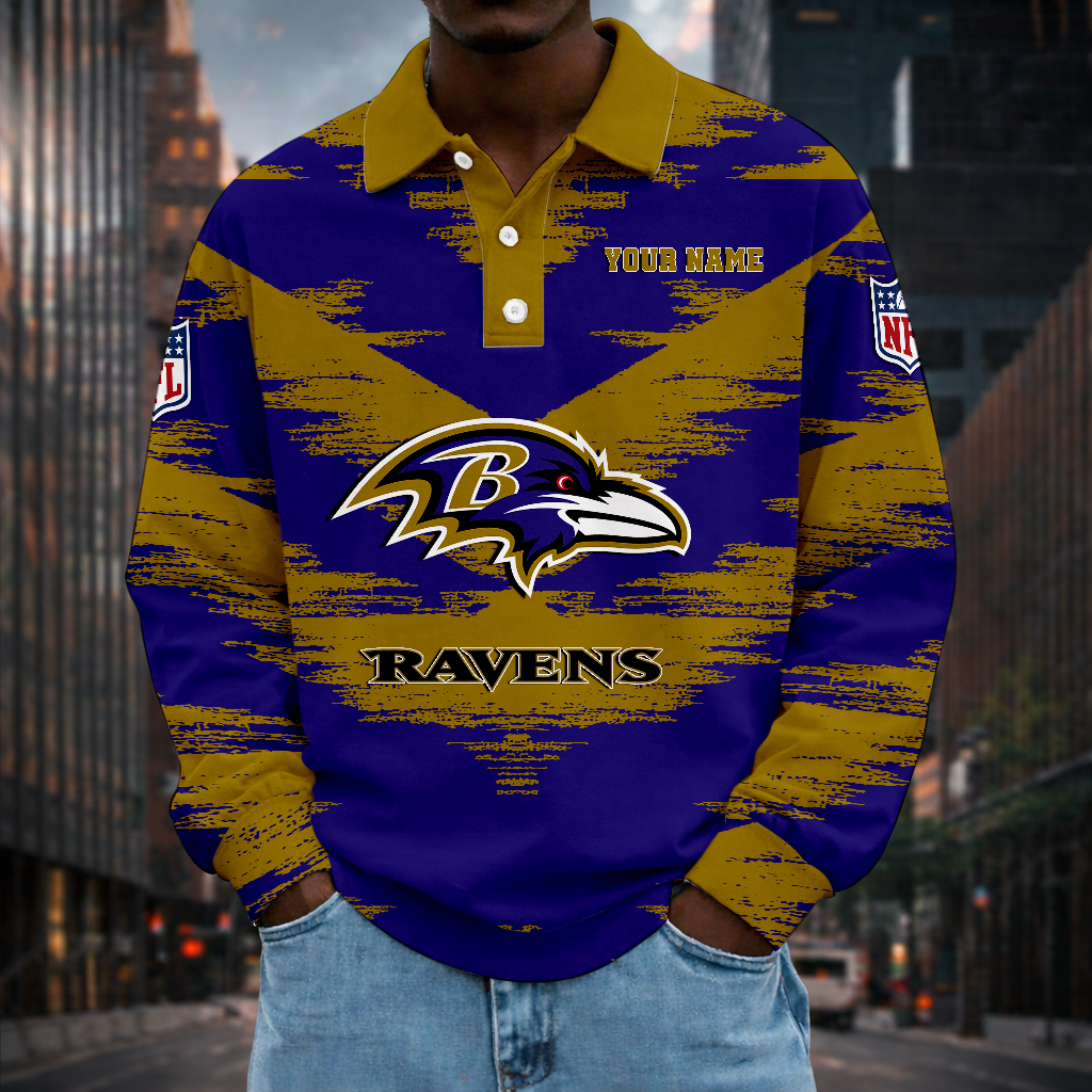 LIMITED EDITION - NEW CUSTOMIZED NFL28 BTR BALTIMORE RAVENS MEN LONG SLEEVE POLO