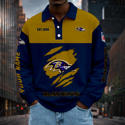 LIMITED EDITION - NEW CUSTOMIZED NFL28 BTR BALTIMORE RAVENS MEN LONG SLEEVE POLO