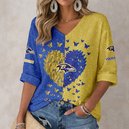 LIMITED EDITION - NEW CUSTOMIZED NFL28 BTR BALTIMORE RAVENS WOMEN'S HEART V-NECK LONG SLEEVE SHIRT