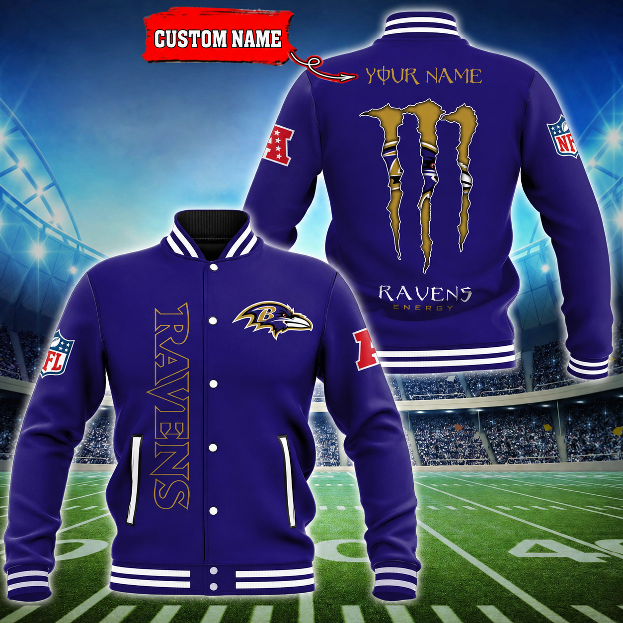 LIMITED EDITION - NEW CUSTOMIZED NFL28 BTR BALTIMORE RAVENS SATIN VARSITY & BASEBALL JACKET