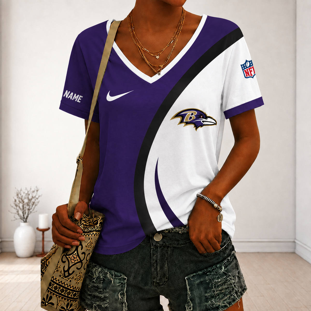 LIMITED EDITION - NEW CUSTOMIZED NFL28 BTR BALTIMORE RAVENS V-NECK FEMALE SHIRT