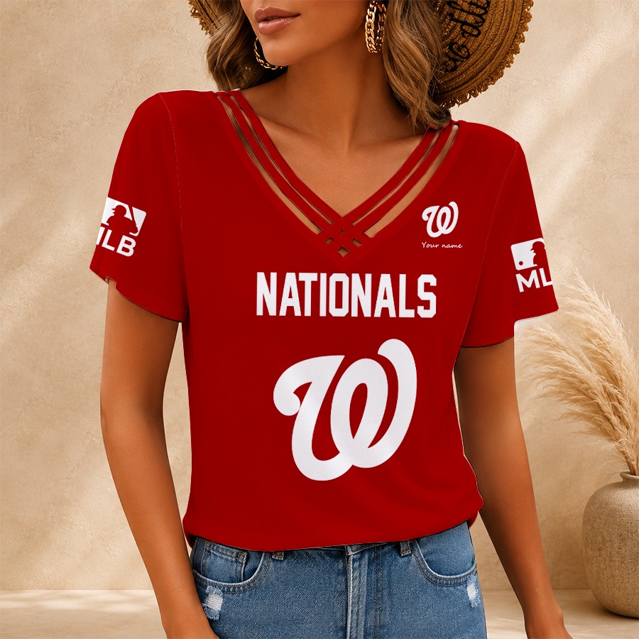[FLASH SALE] NEW CUSTOMIZED MLB28 WNS WASHINGTON NATIONALS V-NECK SHIRT