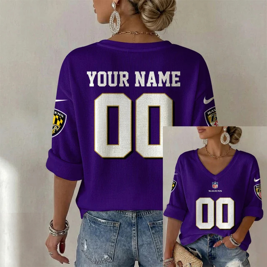 ELITE EDITION - NEW CUSTOMIZED NFL28 BTR BALTIMORE RAVENS WOMEN'S HEART V-NECK LONG SLEEVE SHIRT